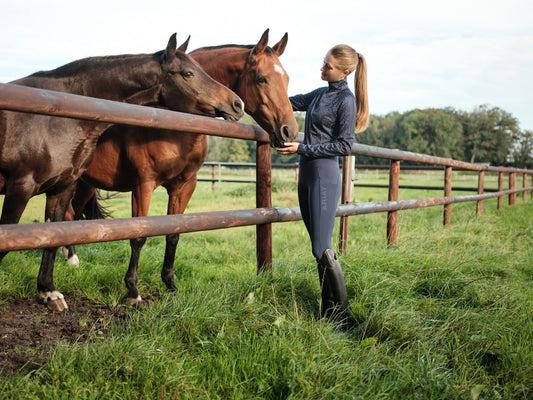 Woman wearing Ariat Sunstopper 3.0 1/4 Zip Baselayer in navy dots with two horses