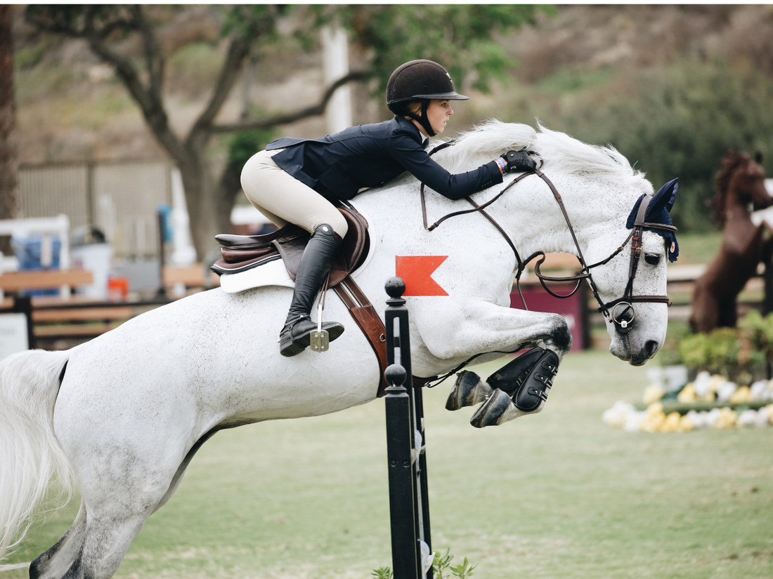 A rider wearing paddock boots and half chaps jumps her horse