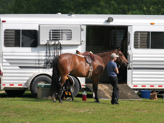 Rider with horse outside of their trailer