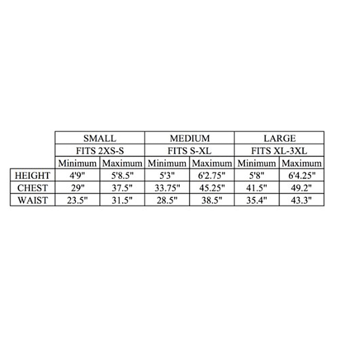 Hit air store vest size chart