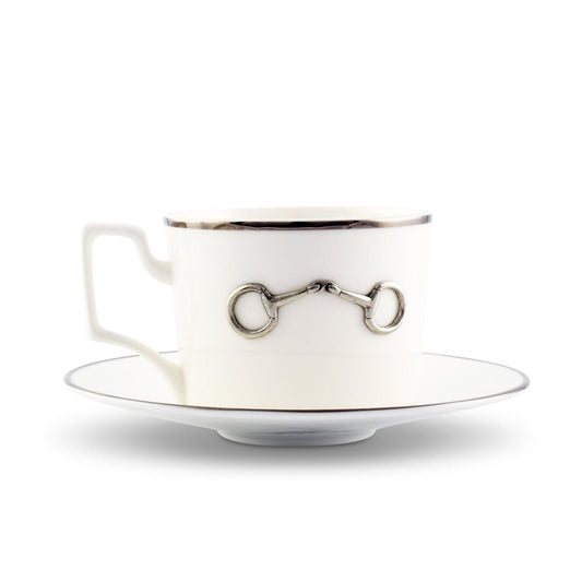 Vagabond House Pewter Bit Bone China Cup and Saucer Platinum Rim