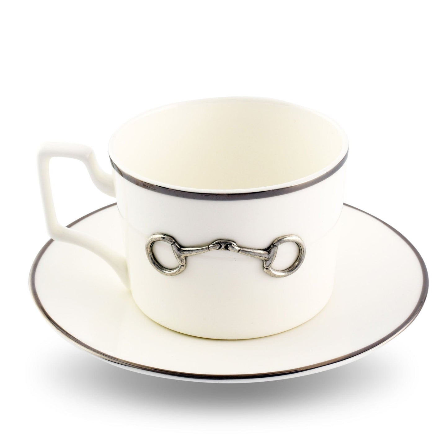 Vagabond House Pewter Bit Bone China Cup and Saucer Platinum Rim