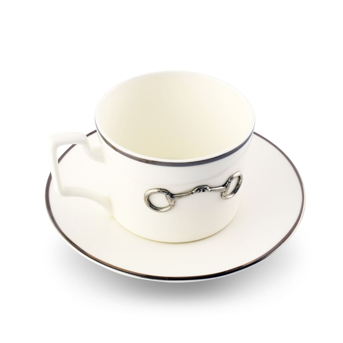 Vagabond House Pewter Bit Bone China Cup and Saucer Platinum Rim