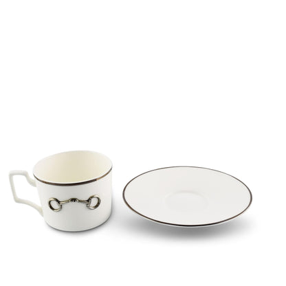 Vagabond House Pewter Bit Bone China Cup and Saucer Platinum Rim