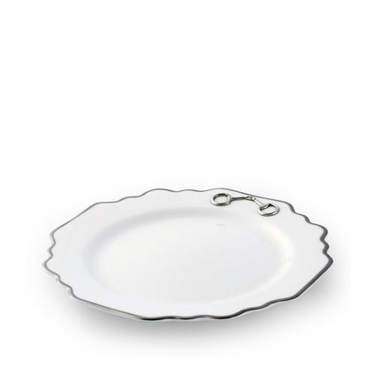 Vagabond House Pewter Bit Bone China Scallop Salad / Dessert Plate Platinum Rim